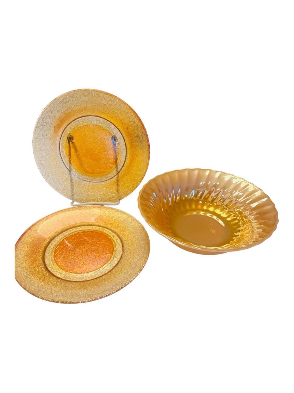 Vintage Peach Luster Glass Serving Set Fire-King Bowl 2 Iridescent Plates MCM